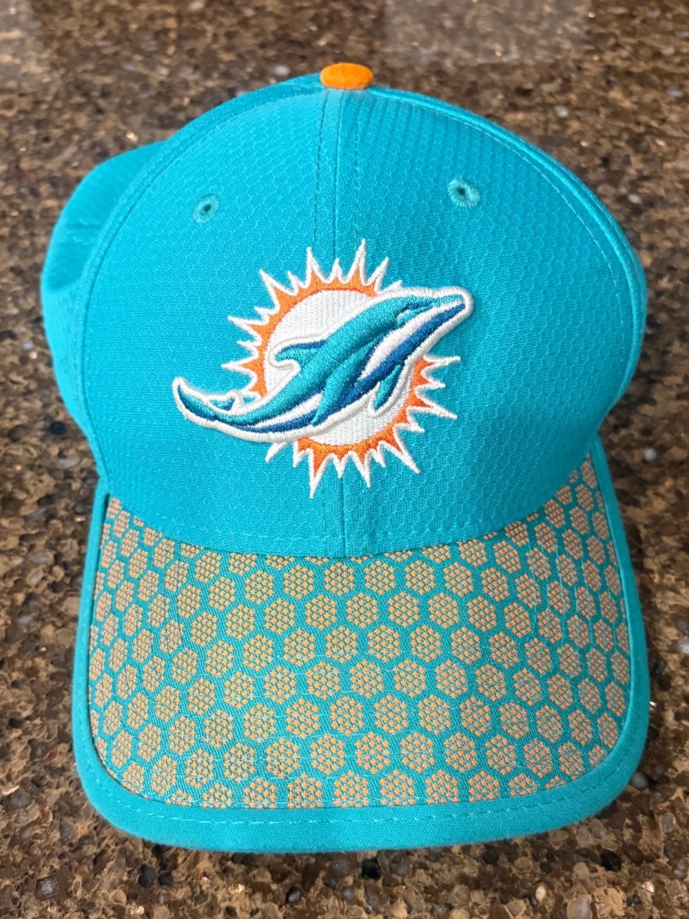 New Era Miami Dolphins NFL Hat 39THIRTY Aqua Blue Orange Honeycomb Visor Cap